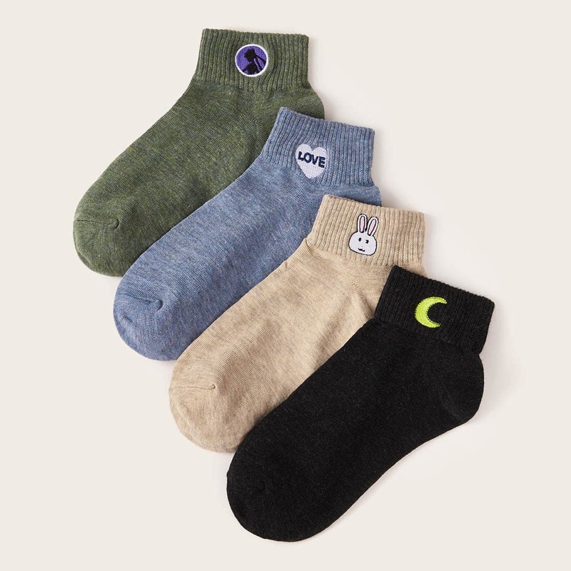 

4pairs Moon & Rabbit Embroidery Socks, Multicolor