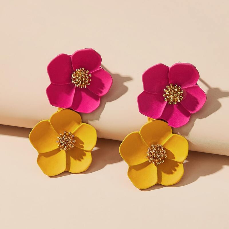 

1pair Double Flower Drop Earrings, Multicolor