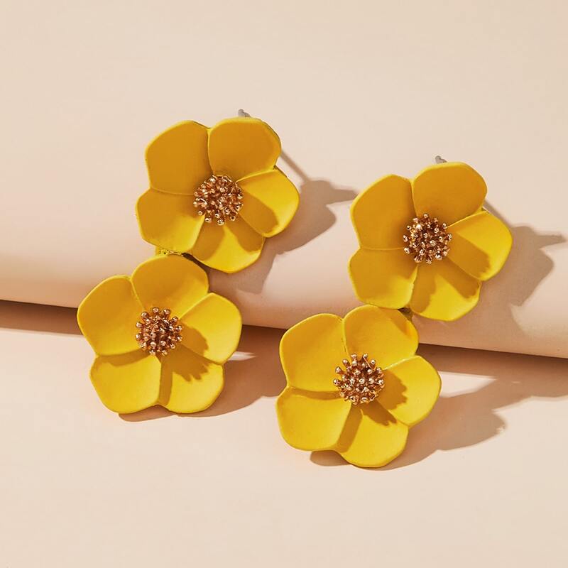 

1pair Double Flower Drop Earrings, Yellow