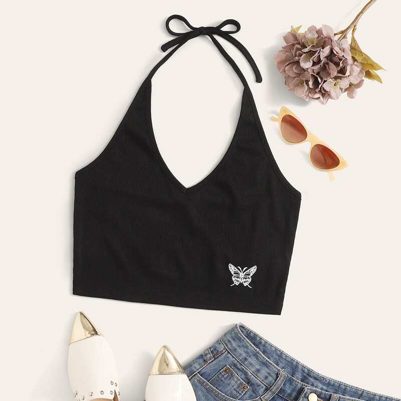 

Butterfly Embroidery Crop Halter Top, Black