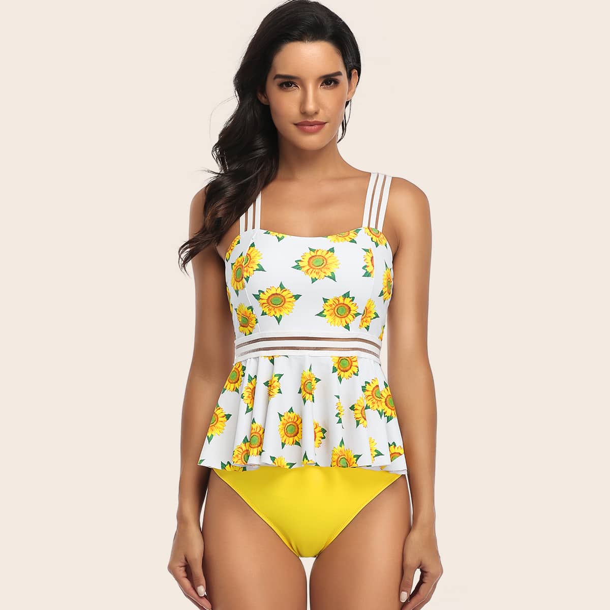 

Ruffle Hem Random Sunflower High Waisted Bikini Swimsuit, Multicolor