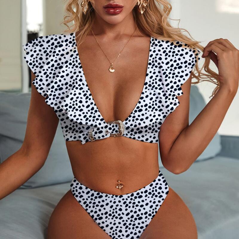 

Random Dalmatian Ruffle Trim High Cut Bikini Swimsuit, Black and white