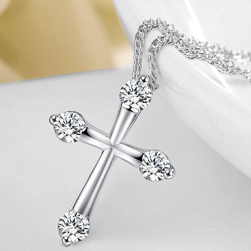 

1pc Rhinestone Engraved Cross Charm Necklace, Silver