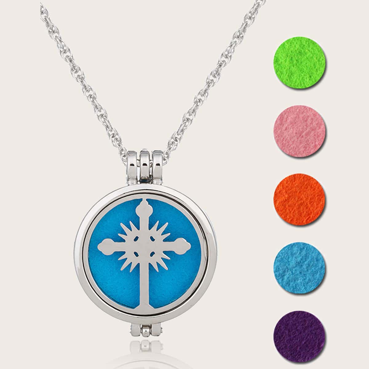 

1pc Hollow Out Cross Aromatherapy Pendant Necklace With 5 Felt Pads, Silver