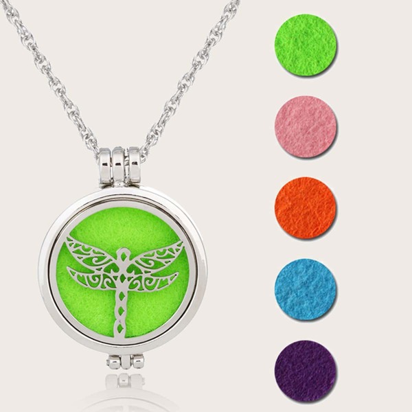 

1pc Hollow Out Dragonfly Aromatherapy Pendant Necklace With 5 Felt Pads, Silver