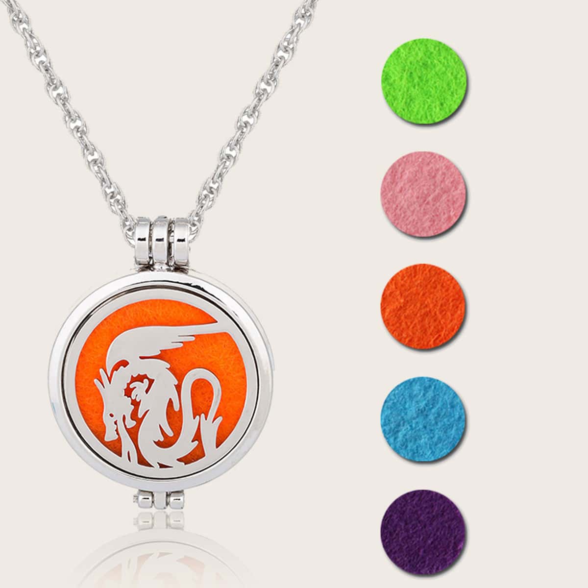 

1pc Hollow Out Dragon Aromatherapy Pendant Necklace With 5 Felt Pads, Silver