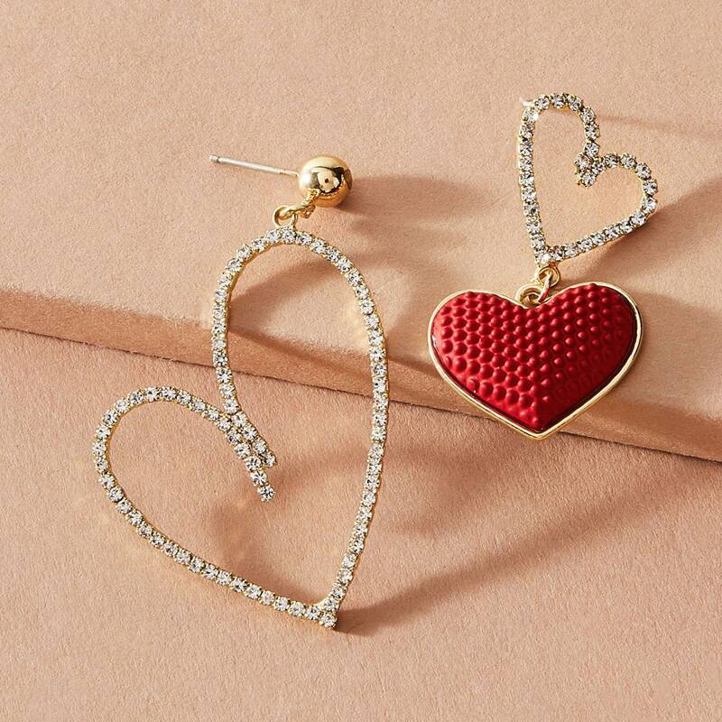 

1pair Asymmetry Rhinestone Decor Heart Drop Earrings, Red
