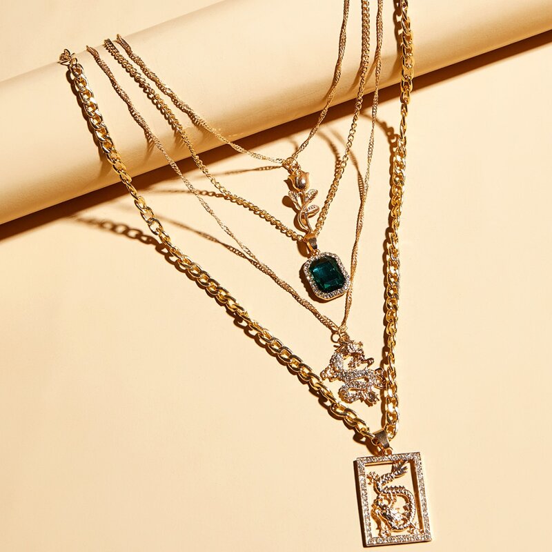 

4pcs Rose & Dragon Charm Necklace, Gold
