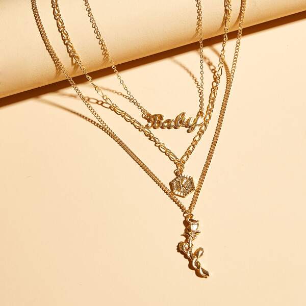 

3pcs Letter & Rose Charm Necklace, Gold