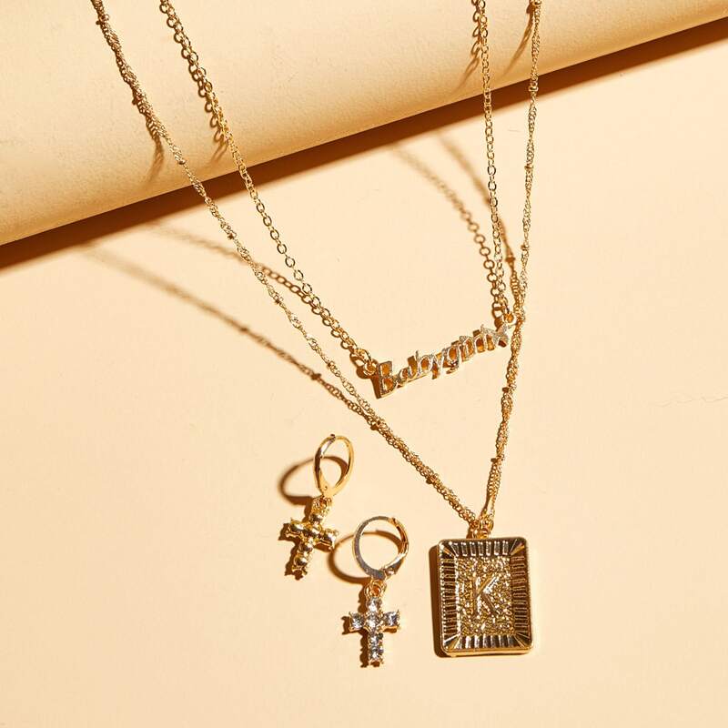 

4pcs Rhinestone Engraved Cross & Letter Decor Jewelry Set