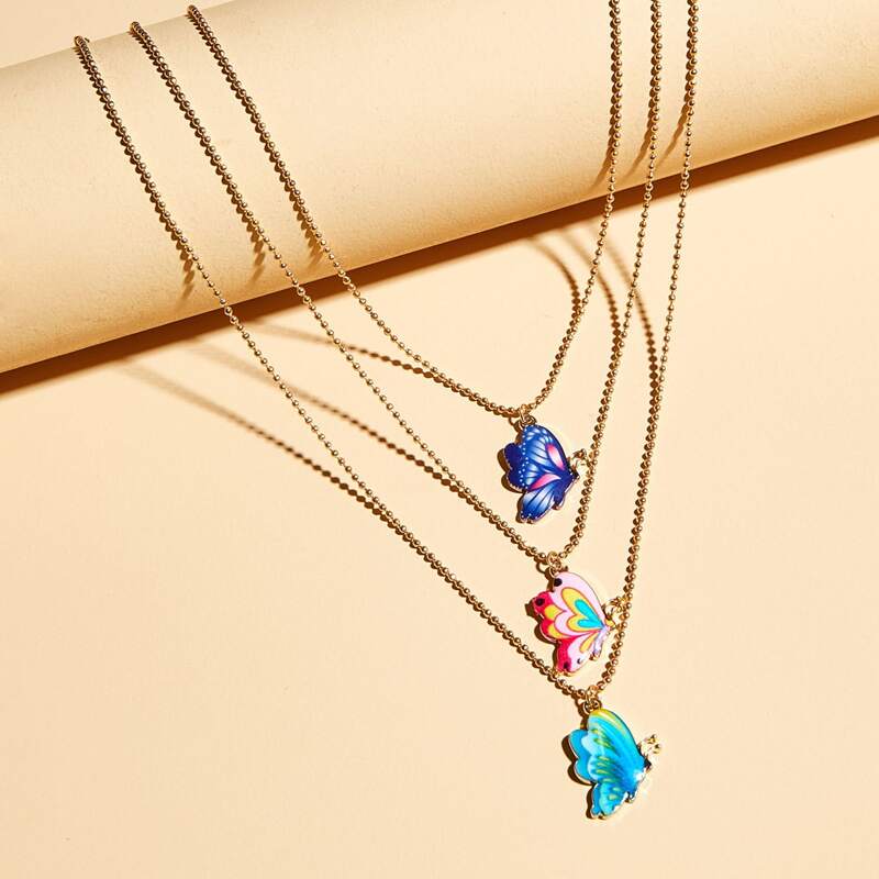 

3pcs Butterfly Charm Necklace, Multicolor