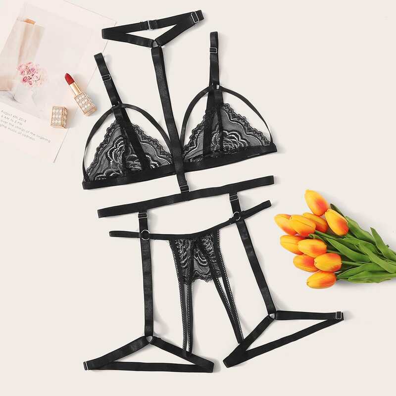 

Floral Lace Garter Lingerie Set With Choker, Black