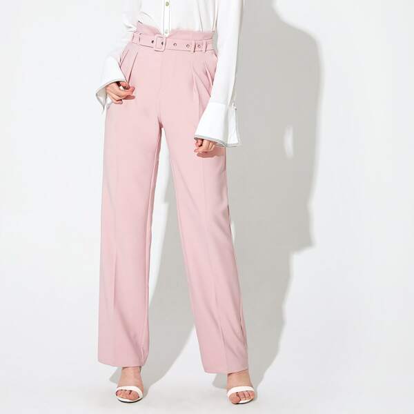 

Fold Pleated Detail Belted Tailored Pants, Pink pastel
