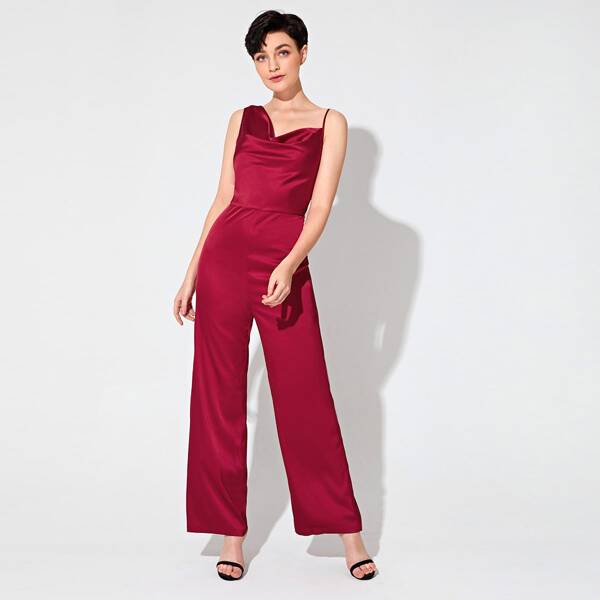 

Draped Neck Wide Leg Satin Jumpsuit, Burgundy