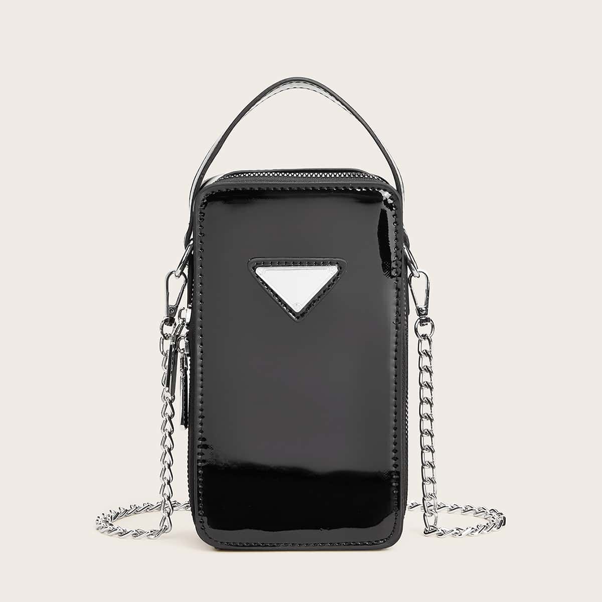 

Geometric Pattern Chain Satchel Bag, Black