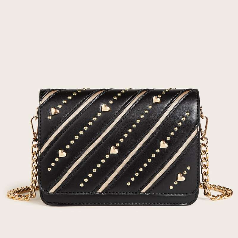 

Striped Studded & Heart Decor Chain Crossbody Bag, Black
