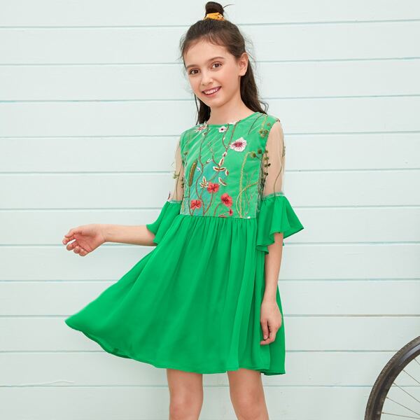 

Girls Flounce Sleeve Embroidery Mesh Bodice Dress, Green
