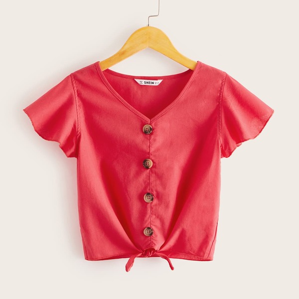 

Girls Buttoned Front Knot Hem Top, Red bright