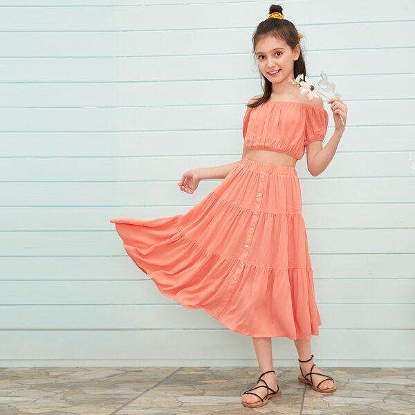 

Girls Off Shoulder Crinkle Top & Buttoned Flounce Skirt Set, Pink pastel