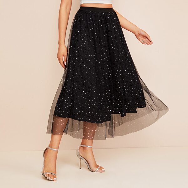 

Rhinestone Mesh Overlay Skirt, Black
