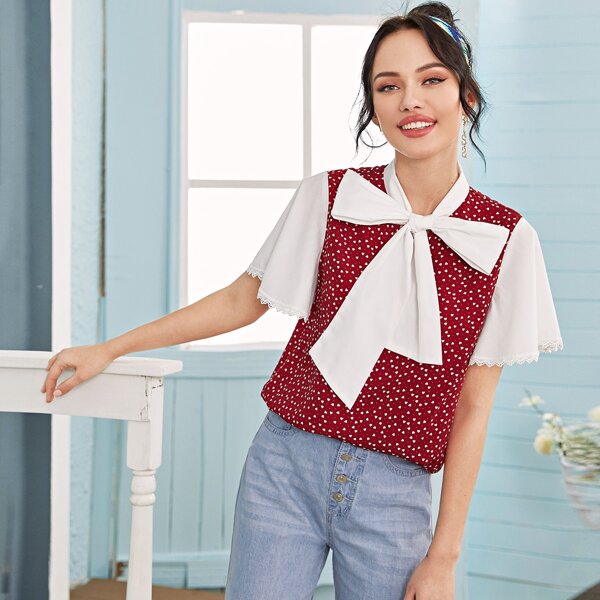 

Exaggerate Tie Neck Two Tone Lace Trim Top, Burgundy