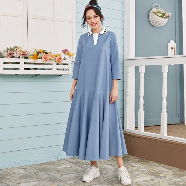 

Striped Collar Flared Hem Dress, Blue