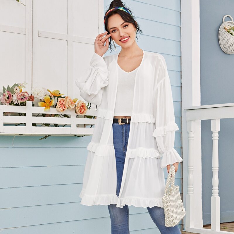 

Ruffle Trim Sheer Solid Kimono, White