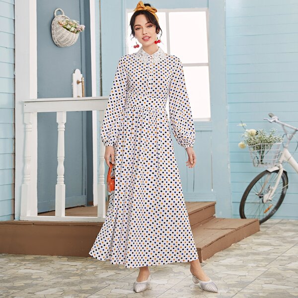 

Guipure Lace Collar Buttoned Front Polka Dot Dress, Multicolor