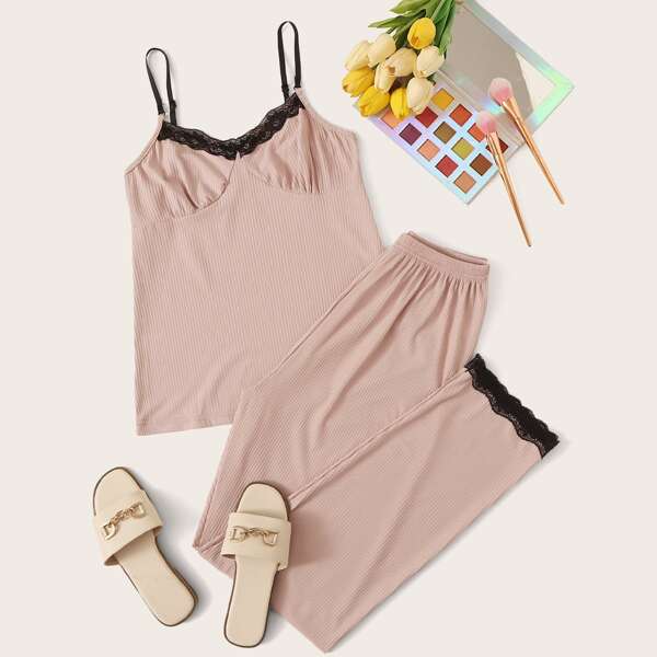 

Lace Panel Rib-knit PJ Set, Pink