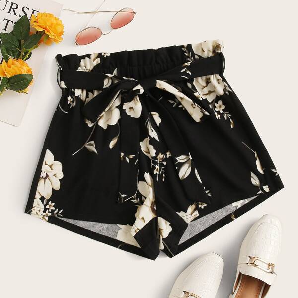 

Belted Floral Print Paperbag Waist Shorts, Black
