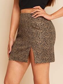 SHEIN Privé 開衩下擺斑點圖案半身裙 - 駝色 - 查看 4