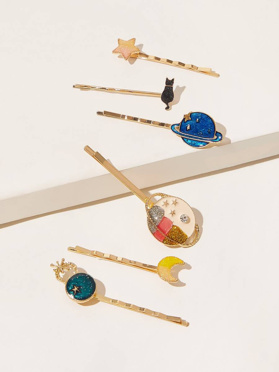 6pcs Planet & Cat Pattern Hair Clip - Multicolor - View 1