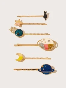 6pcs Planet & Cat Pattern Hair Clip - Multicolor - View 2