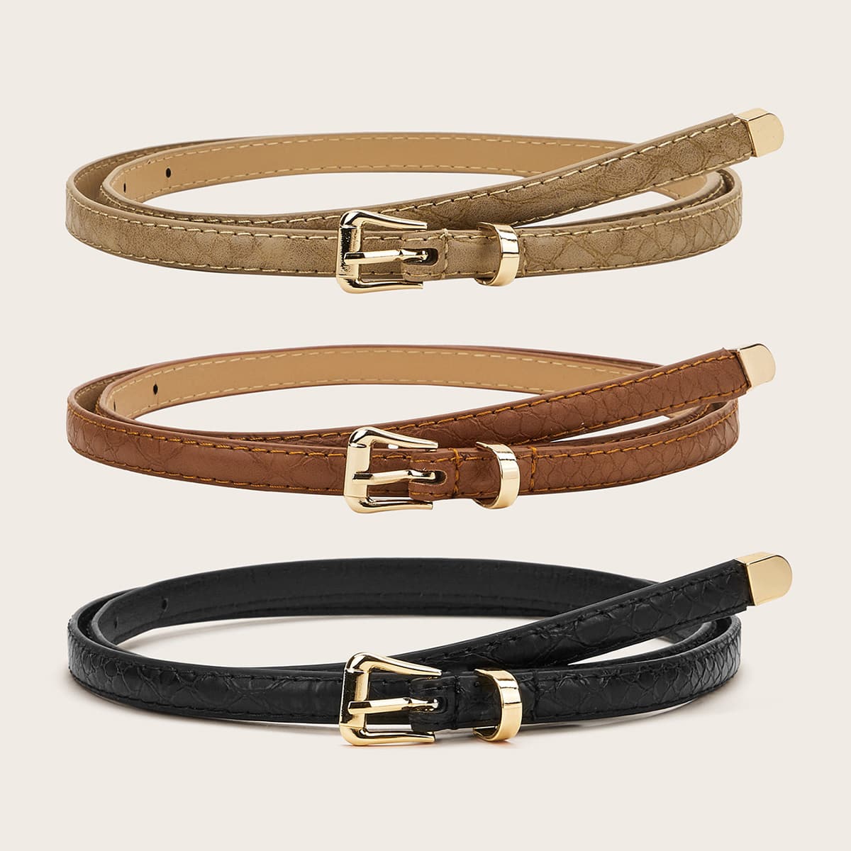 

3pcs PU Buckle Belt, Multicolor