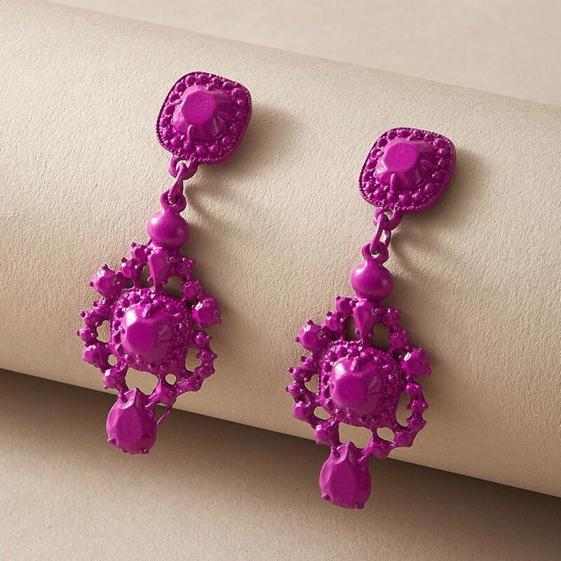 

1pair Hollow Out Drop Earrings, Pink bright