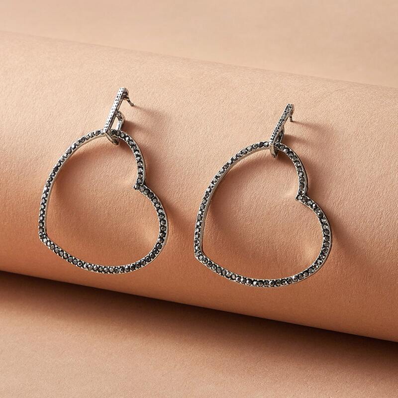 

1pair Rhinestone Engraved Heart Shaped Drop Earrings, Silver