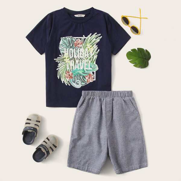 

Boys Tropical And Slogan Graphic Top & Shorts Set, Multicolor