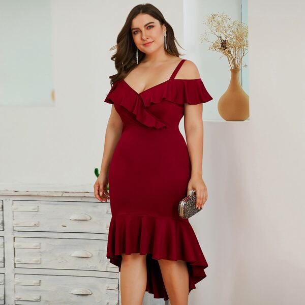 

Plus Ruffle Cold Shoulder Asymmetrical Hem Dress, Burgundy
