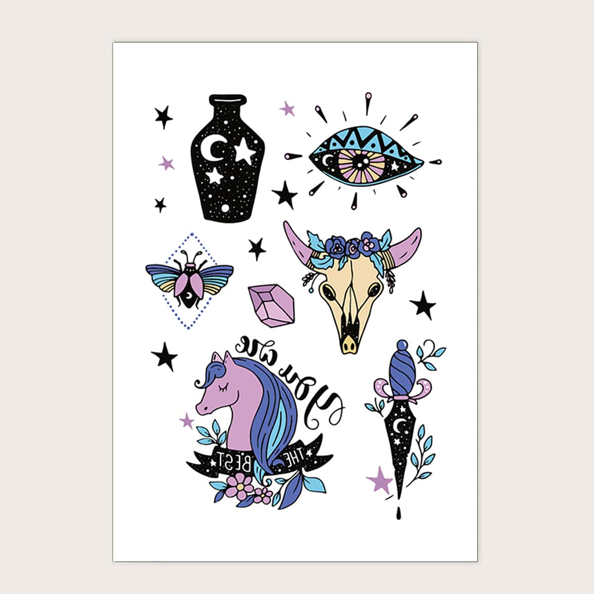 

Unicorn & Bottle Pattern Tattoo Sticker, Multicolor