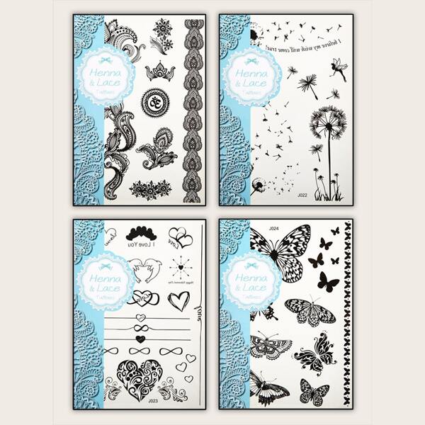 

4pcs Heart & Butterfly Pattern Tattoo Sticker, Black