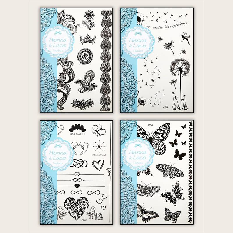 

4pcs Heart & Butterfly Pattern Tattoo Sticker, Black