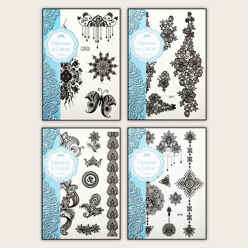 

4pcs Floral & Butterfly Pattern Tattoo Sticker, Black