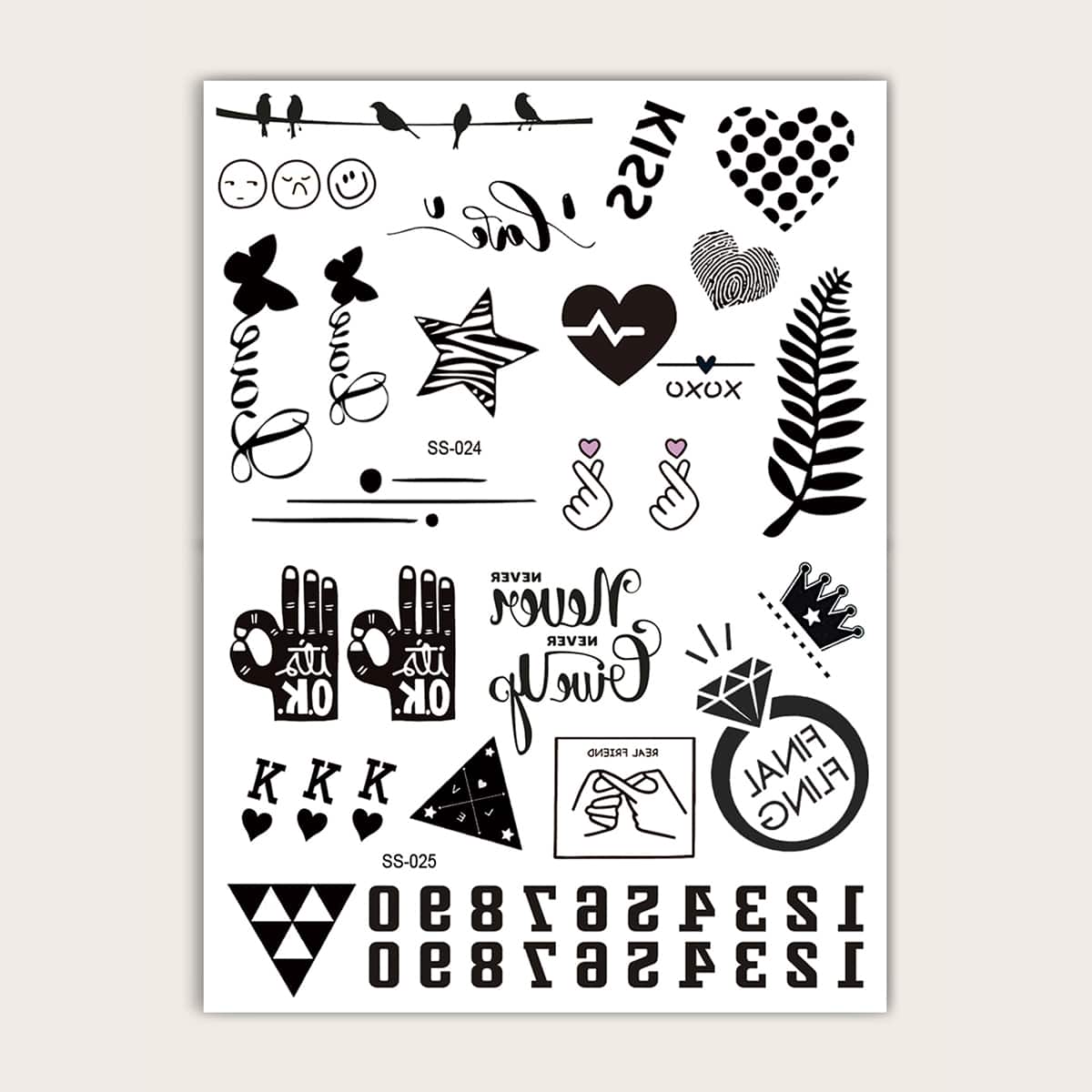 

2pcs Number & Heart Pattern Tattoo Sticker, Black