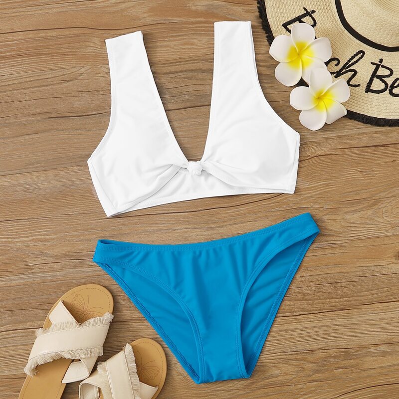 

Two Tone Knot Front Bikini Swimsuit, Multicolor