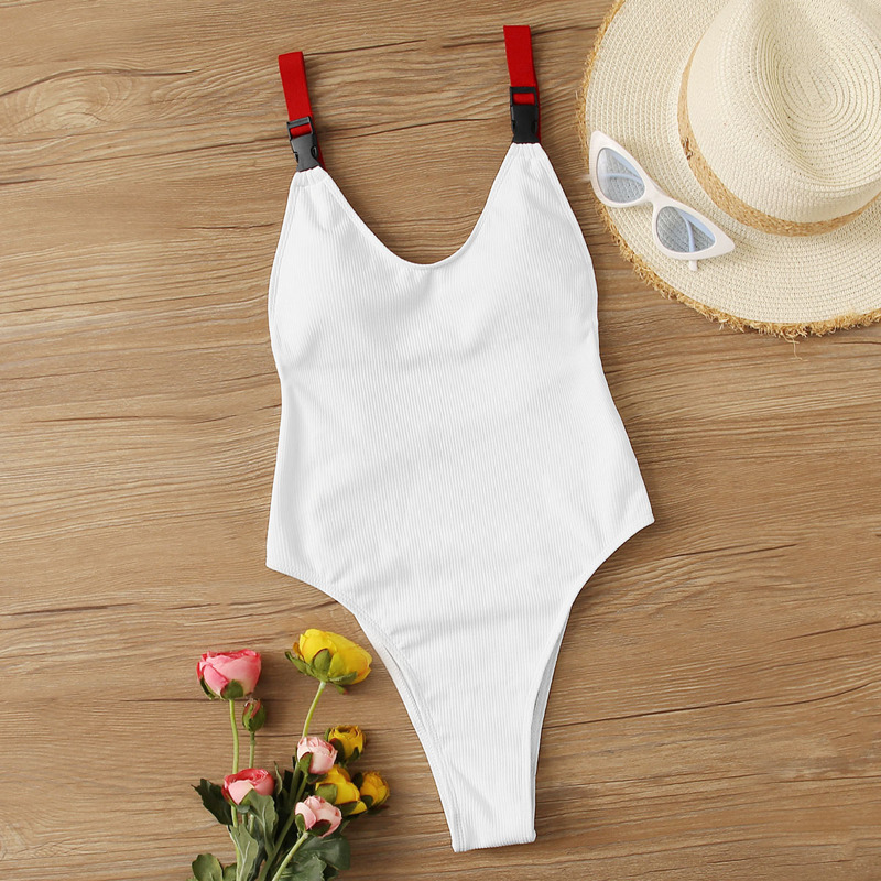 

Buckle Strap Ribbed One Piece Swimsuit, White