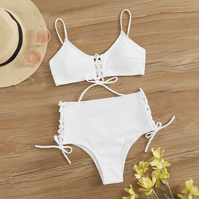 

Lace Up Side Tie Bikini Swimsuit, White