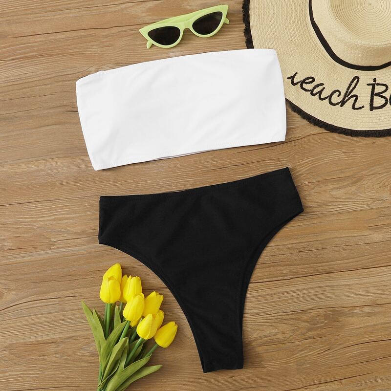 

Two Tone Bandeau High Leg Bikini Swimsuit, Black and white