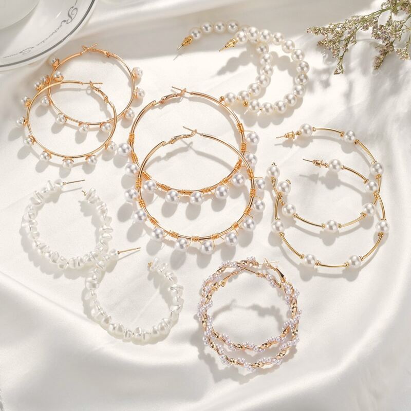 

6pairs Pearl Decor Beaded Hoop Earrings, Multicolor