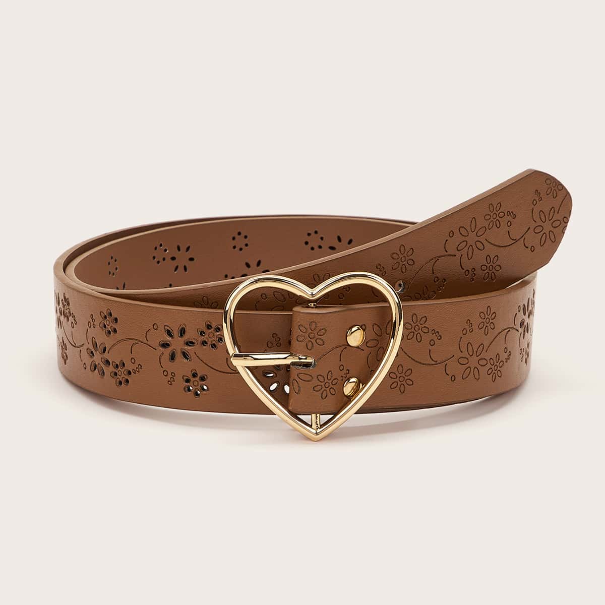 

Floral Pattern Hollow Out Heart Buckle Belt, Brown
