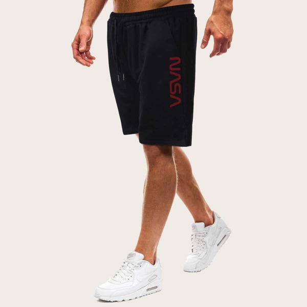 

Men Letter Graphic Drawstring Athletic Shorts, Black